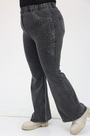 9201 Büyük Beden Beli Lastikli İnci Taş Detaylı Kot Pantolon - Siyah