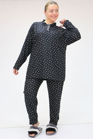 F-47812 Büyük Beden Yarım Pat Düğmeli Micro Süet Pijama Takımı - Siyah