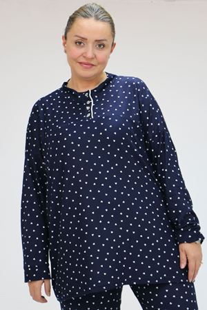 F-47812 Büyük Beden Yarım Pat Düğmeli Micro Süet Pijama Takımı - Lacivert