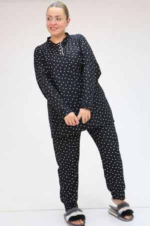 F-47812 Büyük Beden Yarım Pat Düğmeli Micro Süet Pijama Takımı - Siyah