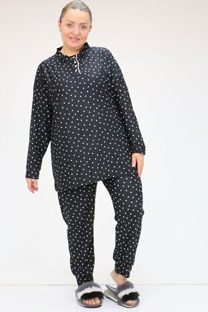 F-47812 Büyük Beden Yarım Pat Düğmeli Micro Süet Pijama Takımı - Siyah