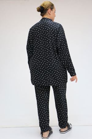 F-47812 Büyük Beden Yarım Pat Düğmeli Micro Süet Pijama Takımı - Siyah