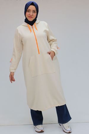 48096 Büyük Beden Kanguru Cepli Osyho Tunik - Bej