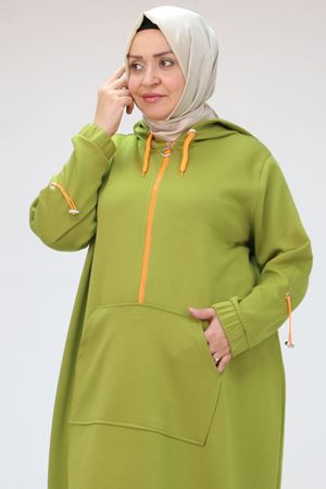 48096 Büyük Beden Kanguru Cepli Osyho Tunik - Yağ Yeşili