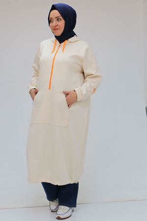 48096 Büyük Beden Kanguru Cepli Osyho Tunik - Bej