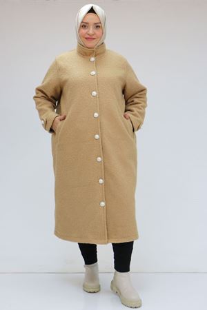 43089 Büyük Beden Dikyaka Fileto Cepli  Kaban - Vizon