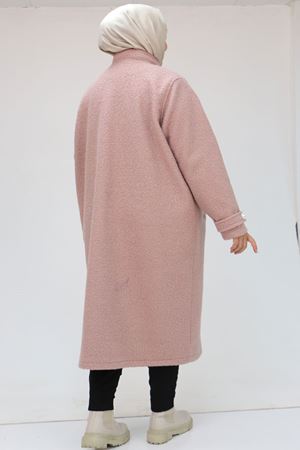 43089 Büyük Beden Dikyaka Fileto Cepli  Kaban - Gül Kurusu