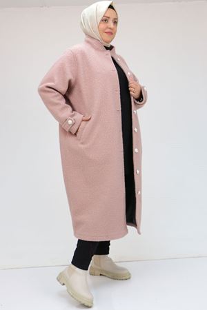 43089 Büyük Beden Dikyaka Fileto Cepli  Kaban - Gül Kurusu