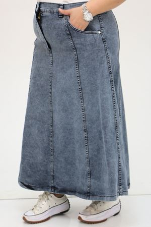 45007 Büyük Beden Parçalı Taş Detaylı Kot Etek - Mavi