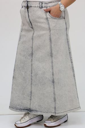 45007 Büyük Beden Parçalı Taş Detaylı Kot Etek - Gri