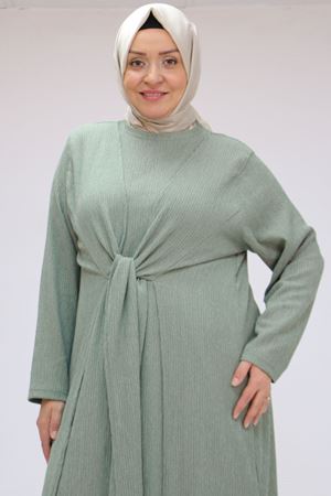 F-42034 Büyük Beden Önden Bağlamalı Panama Elbise - Nefti