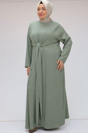 F-42034 Büyük Beden Önden Bağlamalı Panama Elbise - Nefti