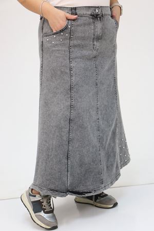 45007-1 Büyük Beden Parçalı Taş Detaylı Kot Etek - Antrasit