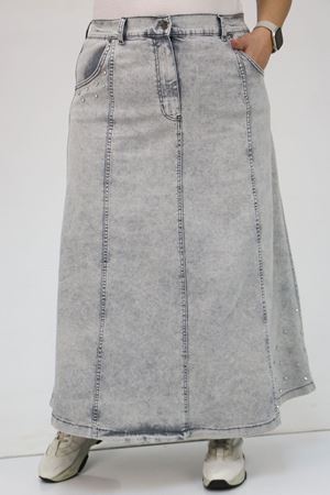 45007-1 Büyük Beden Parçalı Taş Detaylı Kot Etek - Gri