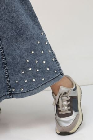 45007-1 Büyük Beden Parçalı Taş Detaylı Kot Etek - Mavi