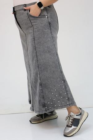 45007-1 Büyük Beden Parçalı Taş Detaylı Kot Etek - Antrasit