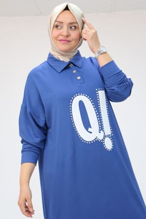 F-48071 Büyük Beden Erkek Yakalı Baskılı Kristal Tunik - İndigo