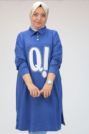 F-48071 Büyük Beden Erkek Yakalı Baskılı Kristal Tunik - İndigo