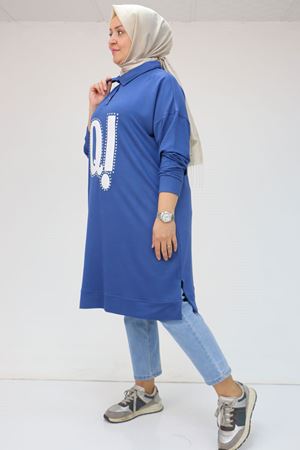 F-48071 Büyük Beden Erkek Yakalı Baskılı Kristal Tunik - İndigo