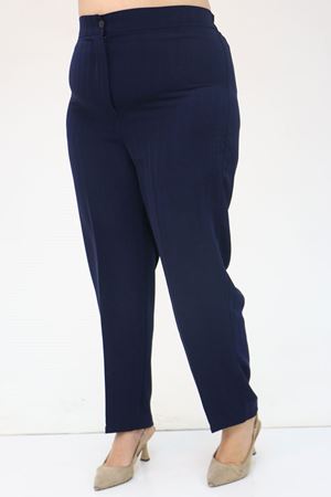 49034 Büyük Beden Beli Yarım Lastikli  Çizgili Krep Pantolon - Lacivert