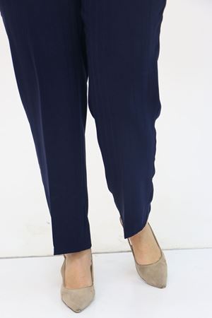 49034 Büyük Beden Beli Yarım Lastikli  Çizgili Krep Pantolon - Lacivert