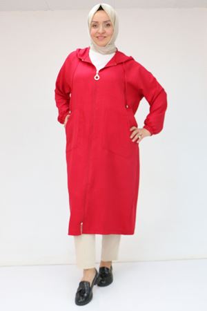 F-53010 Büyük Beden Fermuarlı Reglan Kol Melanj Keten Kap - Bordo