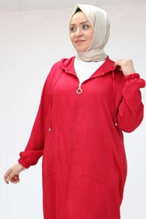 F-53010 Büyük Beden Fermuarlı Reglan Kol Melanj Keten Kap - Bordo