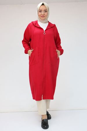 F-53010 Büyük Beden Fermuarlı Reglan Kol Melanj Keten Kap - Bordo