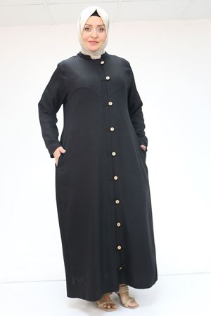 F-56001 Büyük Beden Boydan Düğmeli Melanj Ferace - Siyah
