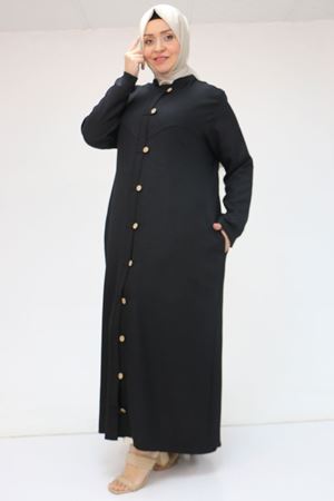 F-56001 Büyük Beden Boydan Düğmeli Melanj Ferace - Siyah