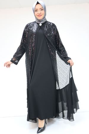 F-57201 Büyük Beden  Eteği Kat Kat Sandy -Pul Payet Elbise - Siyah