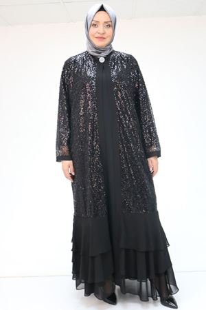 F-57201 Büyük Beden  Eteği Kat Kat Sandy -Pul Payet Elbise - Siyah