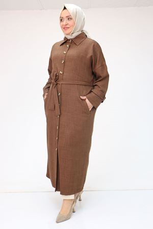 F-43091 Büyük Beden Düğmeli Bağlamalı Melanj Keten Trençkot kahve