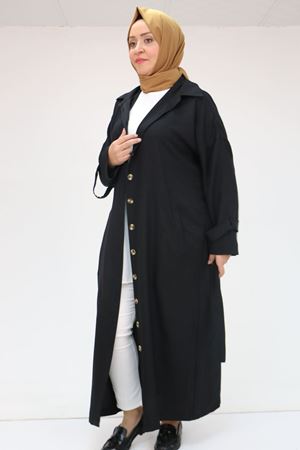 F-43091 Büyük Beden Düğmeli Bağlamalı Melanj Keten Trençkot - Siyah