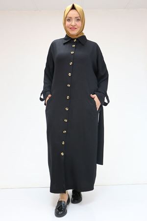 F-43091 Büyük Beden Düğmeli Bağlamalı Melanj Keten Trençkot - Siyah