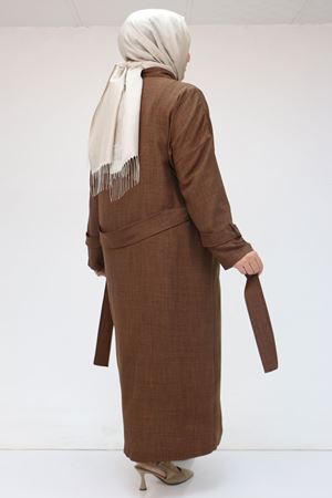 F-43091 Büyük Beden Düğmeli Bağlamalı Melanj Keten Trençkot kahve