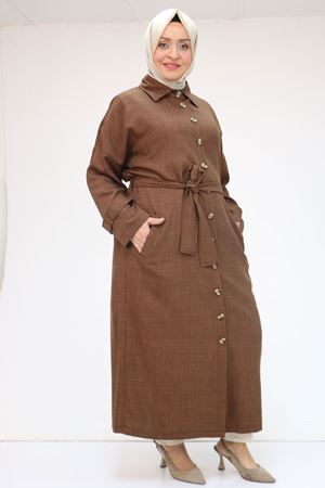 F-43091 Büyük Beden Düğmeli Bağlamalı Melanj Keten Trençkot kahve