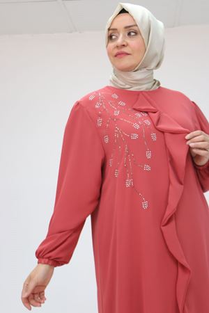 F-58016 Büyük Beden Önü Volanlı Şifon Tunik - Gül Kurusu