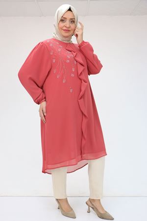 F-58016 Büyük Beden Önü Volanlı Şifon Tunik - Gül Kurusu