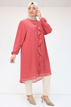 F-58016 Büyük Beden Önü Volanlı Şifon Tunik - Gül Kurusu