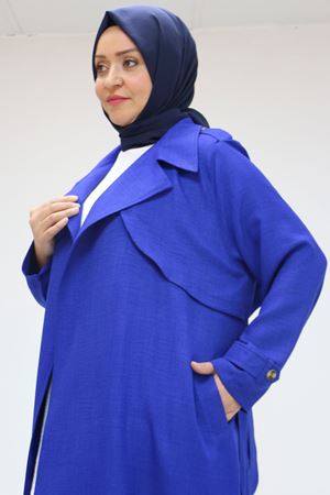 F-53009 Büyük Beden Kuşaklı Melanj Trençkot - Saks