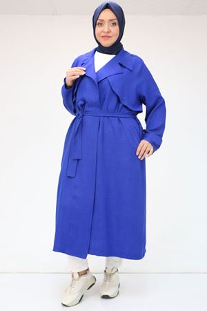 F-53009 Büyük Beden Kuşaklı Melanj Trençkot - Saks