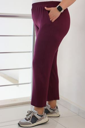 39001 Büyük Beden Yüksek Beli Lastikli Penye Pantolon -Mürdüm