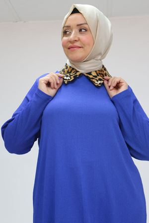 58012 Büyük Beden Kombin Erkek Yakalı Bürümcük Tunik - Saks