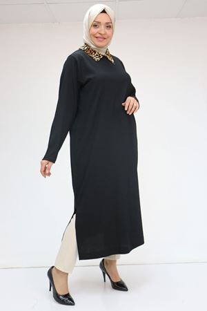 58012 Büyük Beden Kombin Erkek Yakalı Bürümcük Tunik - Siyah