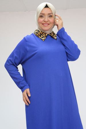 58012 Büyük Beden Kombin Erkek Yakalı Bürümcük Tunik - Saks