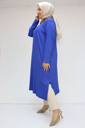 58012 Büyük Beden Kombin Erkek Yakalı Bürümcük Tunik - Saks