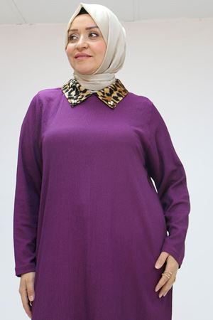 58012 Büyük Beden Kombin Erkek Yakalı Bürümcük Tunik - Mürdüm