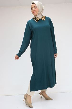 58012 Büyük Beden Kombin Erkek Yakalı Bürümcük Tunik - Petrol