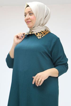 58012 Büyük Beden Kombin Erkek Yakalı Bürümcük Tunik - Petrol